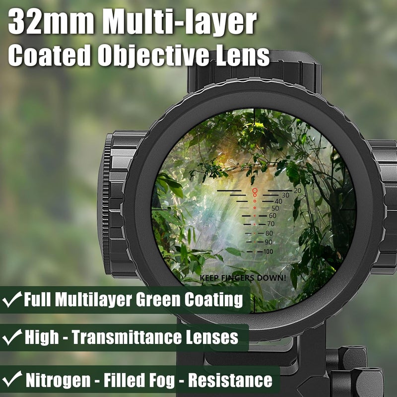 UUQ 1.5-5x32 Crossbow Scope,Circles and Rangefinder Etched Glass Ballistic Reticle Optic, 250-450 FPS Red Green Illuminated,Compact Crossbow Scope for Hunting 20-100 Yards with 20mm Scope Rings - Image 3